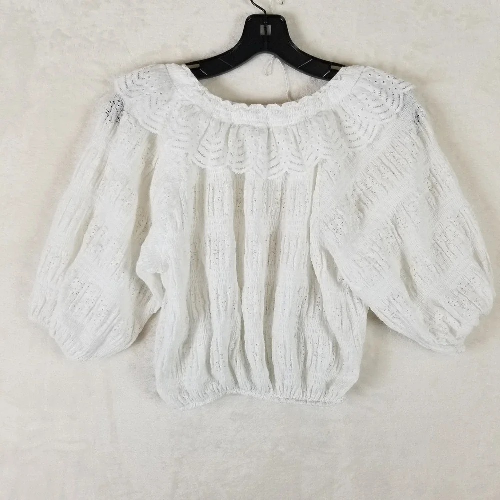 Zara Blouse Women Small White Eyelet Smocked Ruffle Neck Puff Sleeve Peasant Top